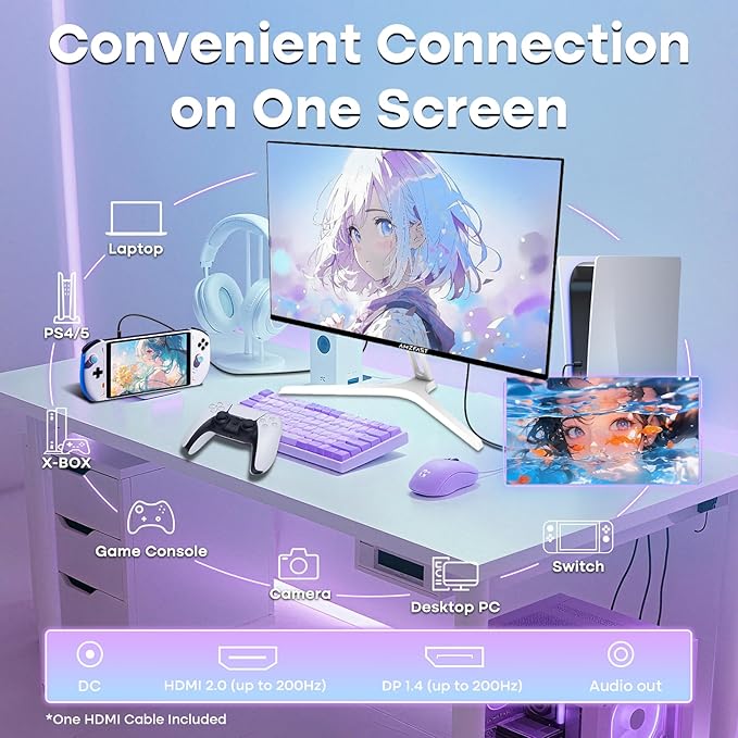 Amzfast 24 Inch Gaming Monitor 200Hz FHD 1080p Fast IPS Computer Monitor, 110% sRGB 1ms HDR Support Adaptive Sync, Eye Care VESA Mount HDMI 2.0 | Display Port 1.4 White Monitor, G24X1W