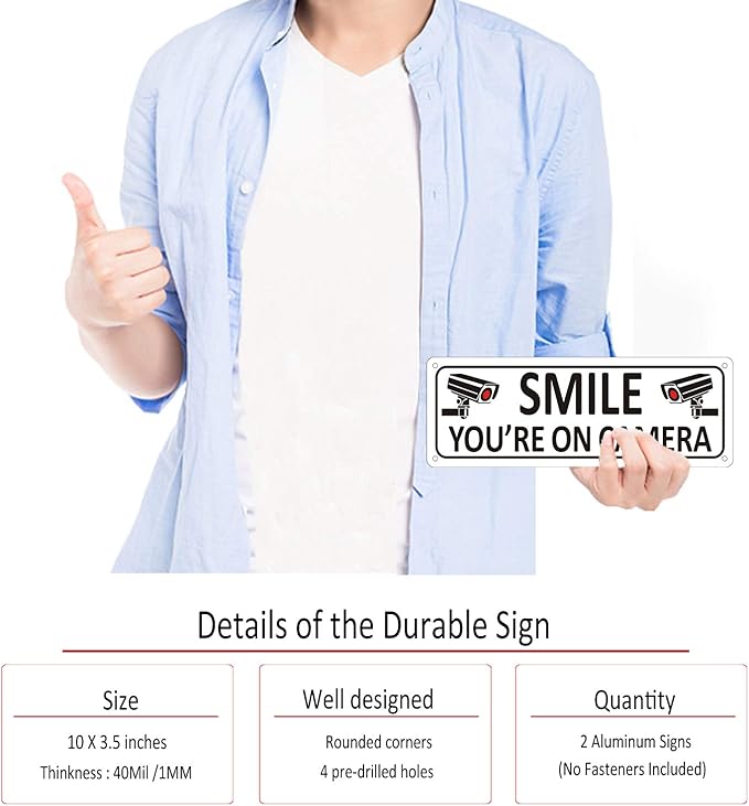 Bagstar (2 Pack) Heavy-duty Metal Smile You're on Camera Sign, 10" x 3.5" Aluminum Video Surveillance Sign, Camera Warning for Home Security, House, Business, Yard, Outdoor