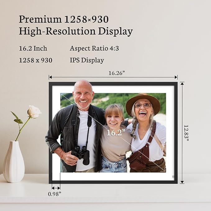 BSIMB 16.2 Inch Large Digital Picture Frame, WiFi Photo Frame Electronic Display Touchscreen IPS HD 32GB Remote Control, Share Pictures/Videos via App/USB/SD Easy Setup Gifts for Mom, Black