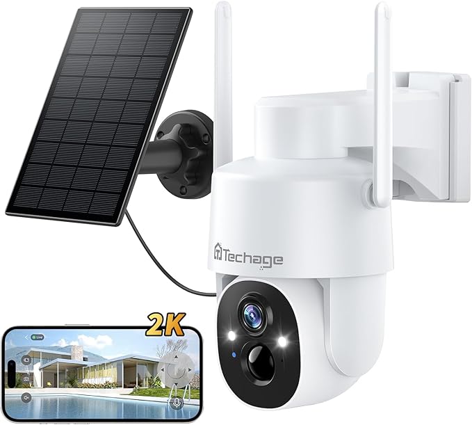 2K Solar Cameras Outdoor Wireless, Security Cameras Wireless Outdoor, Battery Powered cam with Spotlight, 2-Way Talk, PIR Motion Detection, Color Night Vision, 360° PTZ, Siren, Compatible with Alexa