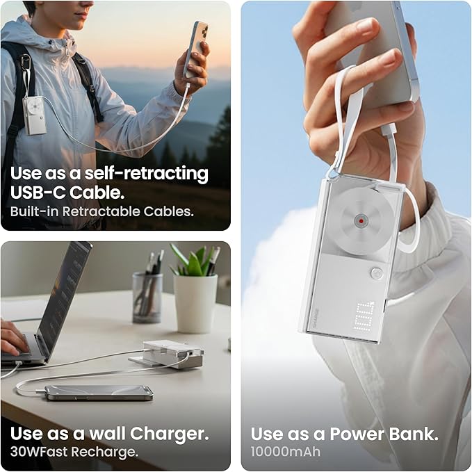 3 in 1 Portable Charger Power Bank 10000mAh with Built-in Retractable Cables and Foldable Wall Plug, 30W Max Travel Essentials Battery Pack Fast Charging Powerbank for iPhone 17 16 15 14 Pixel