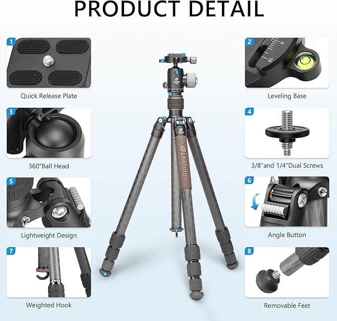 Compact Carbon Fiber Travel Camera Tripod with Ball Head, Reverse Folding Design, Maxload 8kg, Folded Height 450mm (LX-254CT+XB-32)