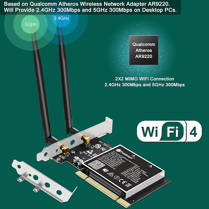 Wireless N Dual Band 600Mbps (2.4GHz 300Mbps or 5GHz 300Mbps) PCI WiFi Adapter for Windows 11, 10, 8.x, 7, XP (32/64bit) and Windows Server Desktop PCs, PCI Interface WiFi Card (PCI-N600)