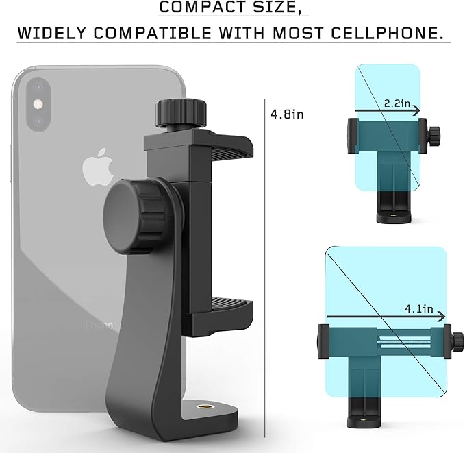Universal Phone Tripod Mount Adapter with Ｗireless Camera Remote , Cell Phone Holder with Adjustable Clamp for Selfie Stick Monopod Compatible with iPhone, Samsung and so on , Wrist Strap Included