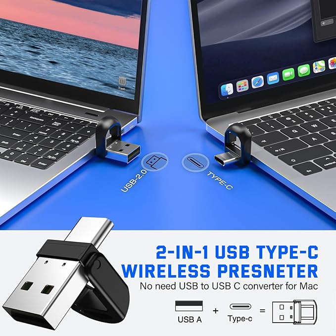 2-in-1 USB Type C Presentation Clicker Wireless Presenter Remote Clicker for PowerPoint Presentations with Laser Pointer, Rechargeable USB C PowerPoint Clicker Slide Advancer for Computer/Mac/Laptop