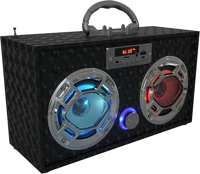 Boombox Speaker with LED Lights – Retro Bluetooth Speaker w/Enhanced FM Radio - Perfect for Home and Outdoor (Black)