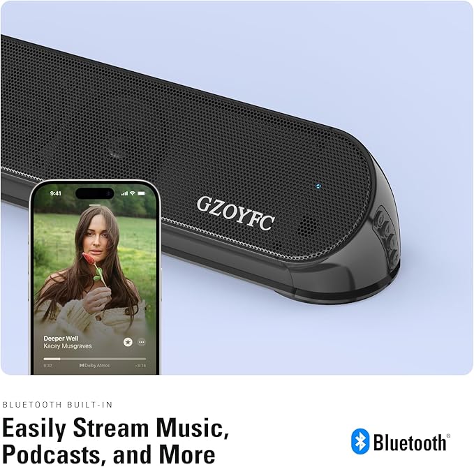 2.1ch Small Sound Bar for TV, Soundbar with Bluetooth/ARC/Opt/AUX Connect, Auto Volume Boost, 3 Equalizer Modes, 2 in 1 Detachable Soundbar for TV/PC/Gaming/Projectors