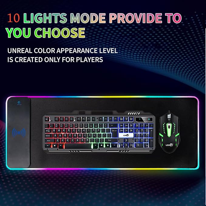 RGB Gaming Mouse Pad with Wireless Charging 15W, LED Mouse Mat 31.5 * 11.8 in, 10 Light Modes Extra Large Mousepad Non-Slip Rubber Base Computer Keyboard Mat for Gaming, MacBook, PC, Laptop, Desk