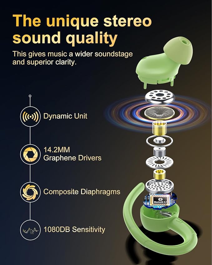 Wireless Earbuds, Bluetooth 5.4 Headphones Sport, Over Ear Buds With ENC Noise Cancelling Mic, 48H, Wireless Earphone With Earhooks, Stereo Deep Bass, IP7 Waterproof ear bud for Workout Running, Green