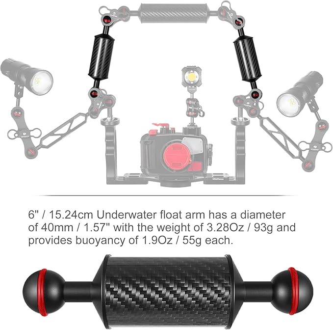 MINIFOCUS 2PCS Carbon Fiber Underwater Float Arm for Ultralight, D40mm, 6", Buoyancy Provided 55g*2, Floating Arm, Dual 1" Ball Underwater Floating Arm for Underwater Camera System Diving Tray