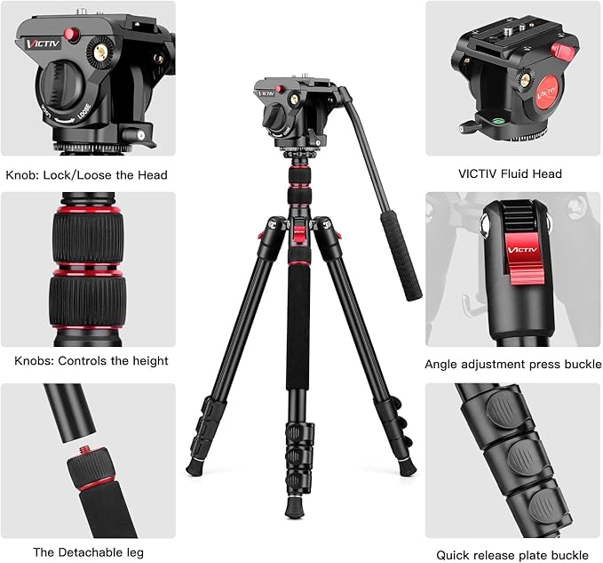 Victiv Camera Tripod, 72" Video Tripod with Fluid Head, Aluminum Heavy Duty Tripod with Carry Bag, Professional Camera Tripods & Monopods, Compatible with Canon, Sony, DSLR, Camcorder