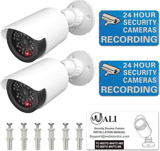 WALI Dummy Fake Camera, Surveillance Security CCTV Dome Camera, Indoor Outdoor Cameras, with One LED Light, Security Alert Sticker Decals (TC-W2), 2 Packs, White