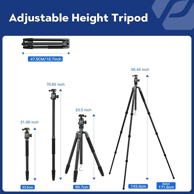 Fotopro 68" Camera Tripod for DSLR, Heavy Duty Compact Travel Tripod with Ball Head, Detachable Monopod with Quick Release Plate and Bag, Load up to 12KG/26.5lbs(Grey)