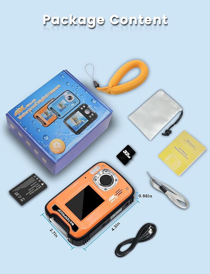 Underwater Camera 4K 48MP Autofocus Selfie Dual Screen Waterproof with Floating Strap and 32GB Card, 17FT Compact Waterproof Digital Camera for Snorkeling