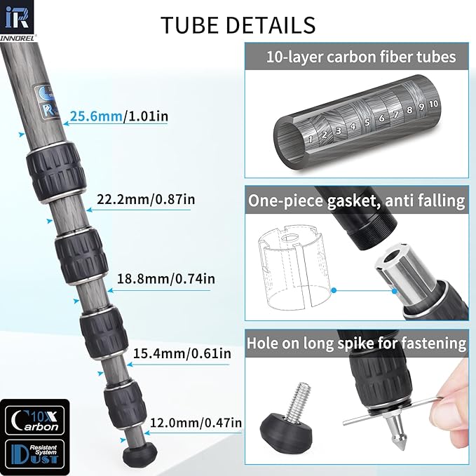 Carbon Fiber Travel Tripod-INNOREL GT255C 64.6in 5 Section Professional Compact Portable Camera Tripod Stand for Travel Outdoor Digital DSLR with Special-Shaped Center Column Max Load 33lb/15kg