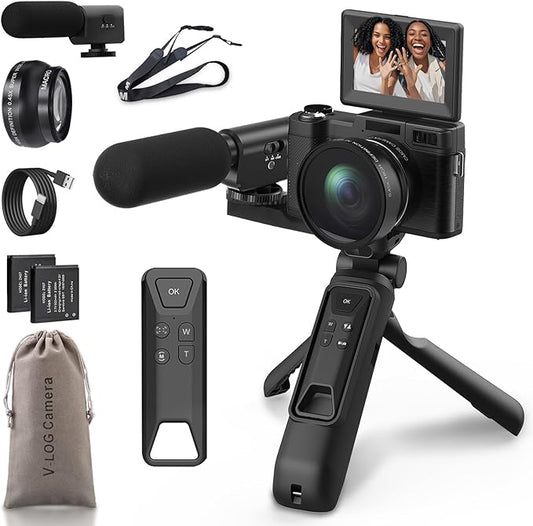 4K Vlogging Camera with Creator Kits 5K Digital Camera for Photography 64MP Video Camera with Flip Screen, Microphone, Powerbank Tripod, Wide-Angle & Macro Lens, Remote Control, Batteries