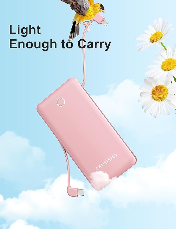 miisso 10000mAh Slim Portable Charger with Built in Cable, Power Bank Travel Charger External Battery Pack for Phone, 4 Output USB Type C Cord Clutch Charger Compatible with iPhone, Light Pink‌