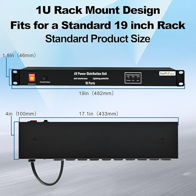 10 NEMA 5-15R Outlet Surge Protector PDU, 120V 15A 3600J 10KA, 1U Rack Mount Power Strip for Network Server Racks, AV Equipment, & More - 14AWG 6ft Cord, ETL Listed