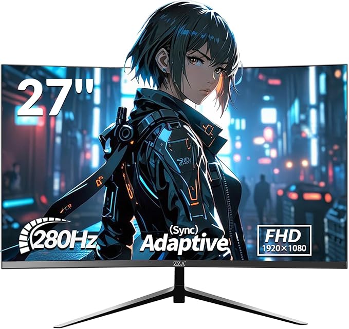 ZZA 27 Inch Gaming Monitor 280Hz 240Hz 1080p 1ms VRB Blue Light Shift Machine Black Curved 100% sRGB, Adaptive FreeSync,Display Port DP HDMI VESA Mounting Compliant