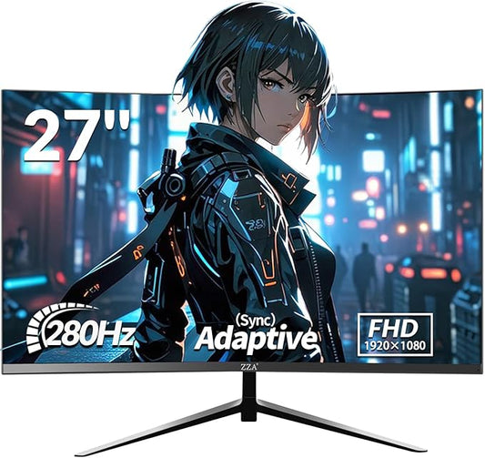 ZZA 27 Inch Gaming Monitor 280Hz 240Hz 1080p 1ms VRB Blue Light Shift Machine Black Curved 100% sRGB, Adaptive FreeSync,Display Port DP HDMI VESA Mounting Compliant