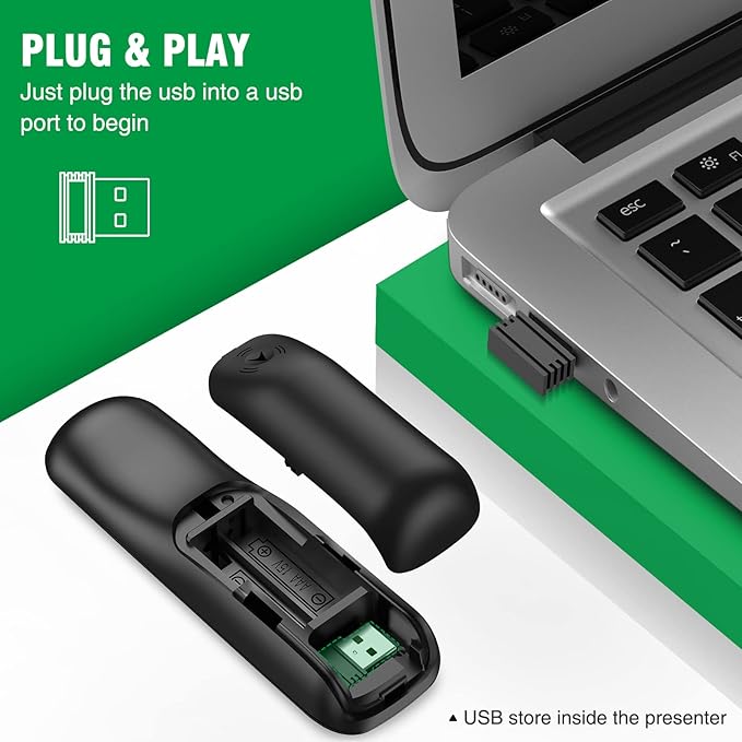 Presentation Clicker Mouse Control with Green Light for PowerPoint Presentations, Wireless Presenter Remote Control Slide Clicker for Classroom Office