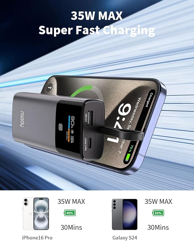 Miady Portable Charger, PD 35W Fast Charging Small Power Bank has Smart Digital Display Screen, 10000mAh Battery Pack Built-in USB-C Cable Compatible with iPhone 16/15 Galaxy S24/S22 Android and More