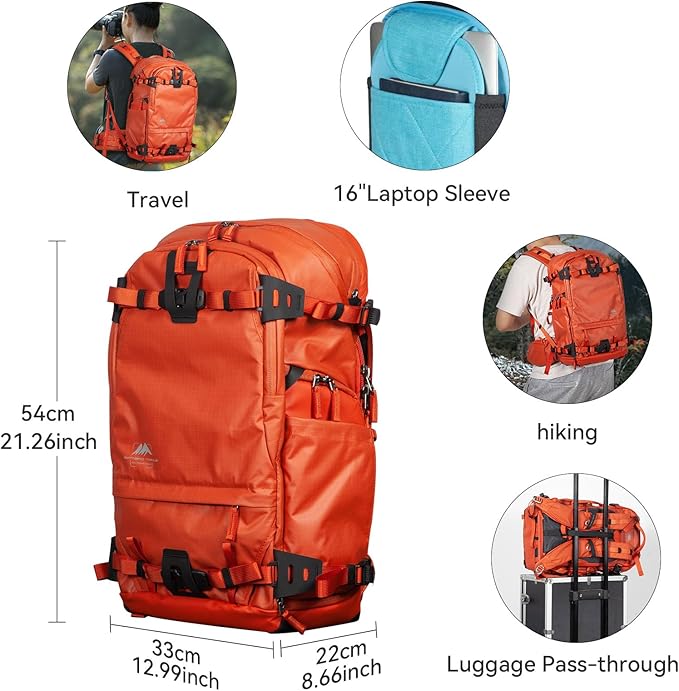 Tenzing 35L Camera Backpack with Rain Cover for Photographers 16 inch Laptop Compartment Waterproof Large Camera Bag for Drone,Cameras, Batteries, Lenses,Tripod(Orange)