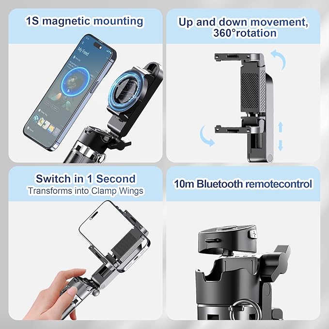 2-in-1 Magnetic Phone Tripod Stand with Zoom, Portable Mini Extendable Selfie Stick with Remote, Lightweight Handheld Cell Phone Tripod for Photos & Videos
