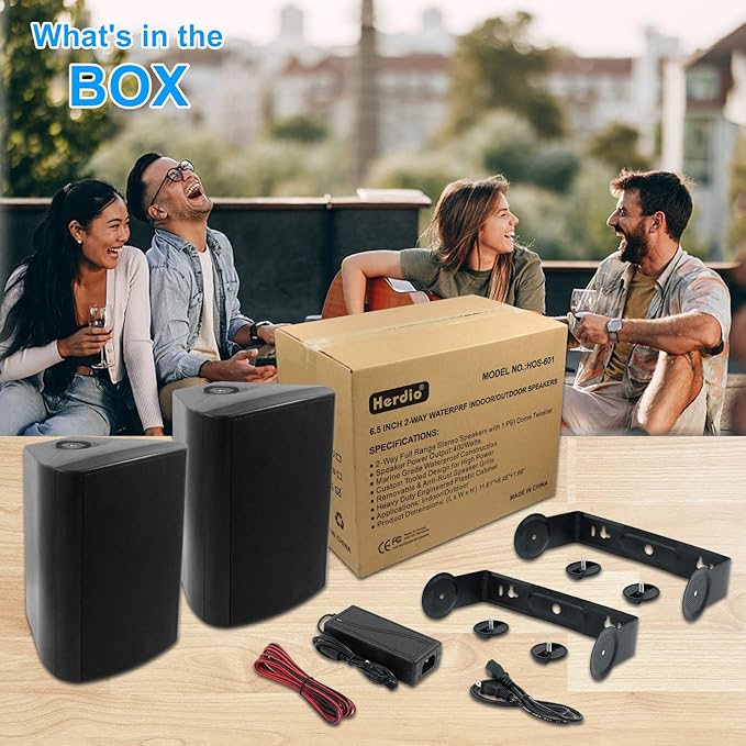 Herdio 6.5 Inches Outdoor Bluetooth Speakers Waterproof with Powerful Bass,Wall Mount Speakers Wired Weather Resistant for Patio Home Deck Porch Backyard 400 Watts(Black)