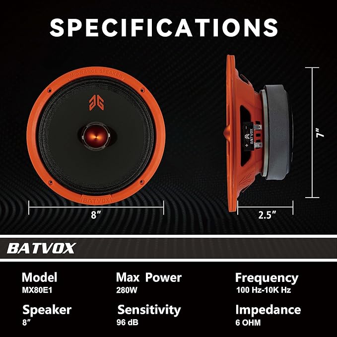 MX80E1 Midrange Loudspeaker 8" Orange Bullet, 560W Max, 6 Ohms, Premium Quality Audio Door Speakers for Car or Truck Stereo Sound System, Orange (2 Speaker)