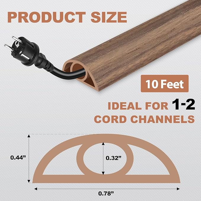Floor Cord Cover for Wires on Floor Self Adhesive Cord Hider Floor Cable Management Wire Covers for Cords Protector Prevent Cable Trips Cord Cavity W 0.32" x H 0.32", Misty Brown Wood, 10Ft