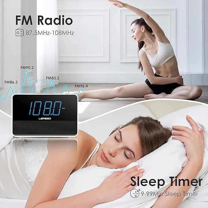 Alarm Clock Radio Bluetooth V5.2 Speaker with HD Sound and Bass,Blue Display with auto Dimmer,Snooze,Sleep Timer,Adjustable Volume,5V1A USB Charging Port