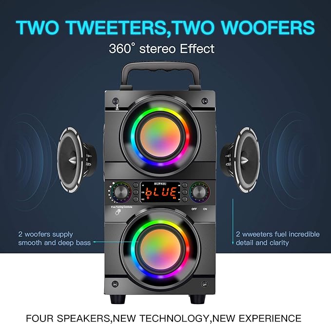 60W (80W Peak) Portable Bluetooth Speaker with Double Subwoofer Heavy Bass, Bluetooth 5.0 Wireless 100ft Outdoor Speaker, Support FM Radio, LED Colorful Lights, Stereo Sound, for Home, Party, Travel