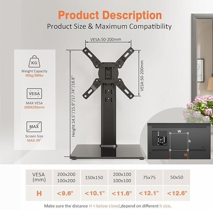 Universal Swivel TV Stand/Base Table Top TV Stand for 13 to 39 inch TVs with 100 Degree Swivel, 4 Level Height Adjustable, Heavy Duty Tempered Glass Base, Holds up to 88lbs, HT07B-002