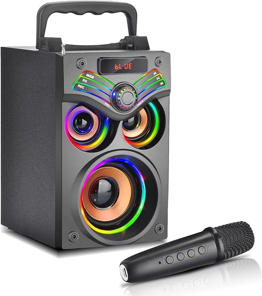 SUPINIU Bluetooth Speaker, 15W Wireless Portable Speaker with LED Owl Lights, Stereo Sound, FM Radio, EQ, TF, Party Speakers with Wireless Microphone for Home,Camping, Beach,Garage