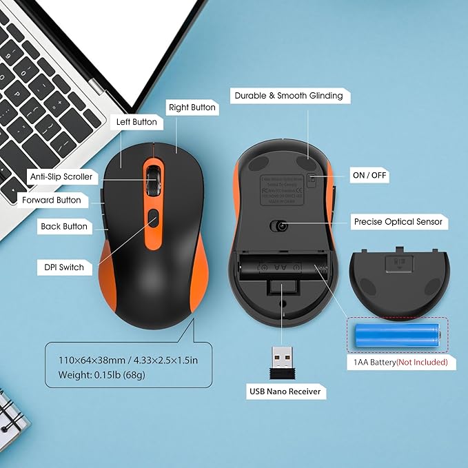 Wireless Mouse for Laptop, PC, Chromebook, Mac, MacBook, Silent Mouse with USB Nano Receiver, Side Button, 2400 DPI, Anti Slip Roller, 6 Button Ergonomics Cordless Computer Mice - Black Orange