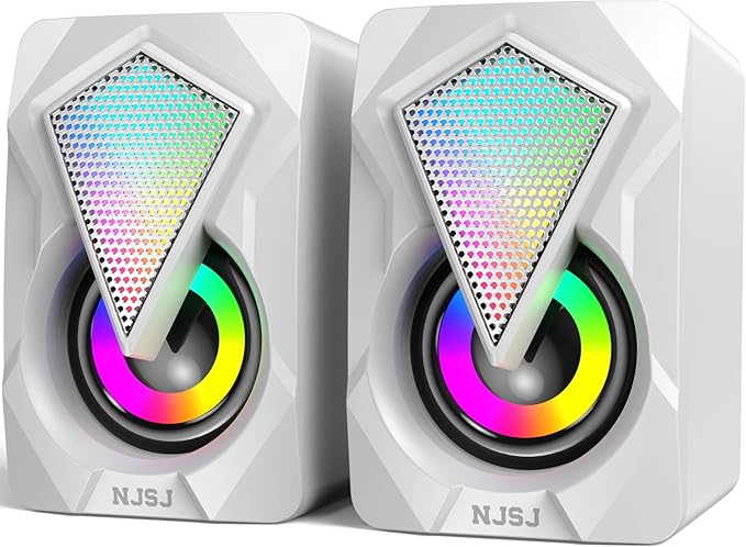 NJSJ Computer Speakers for Desktop, USB-Powered Stereo 2.0 PC Speakers, Portable Small Speaker for Laptop Monitor with 3.5mm Aux Input, Colorful LED Lights - White