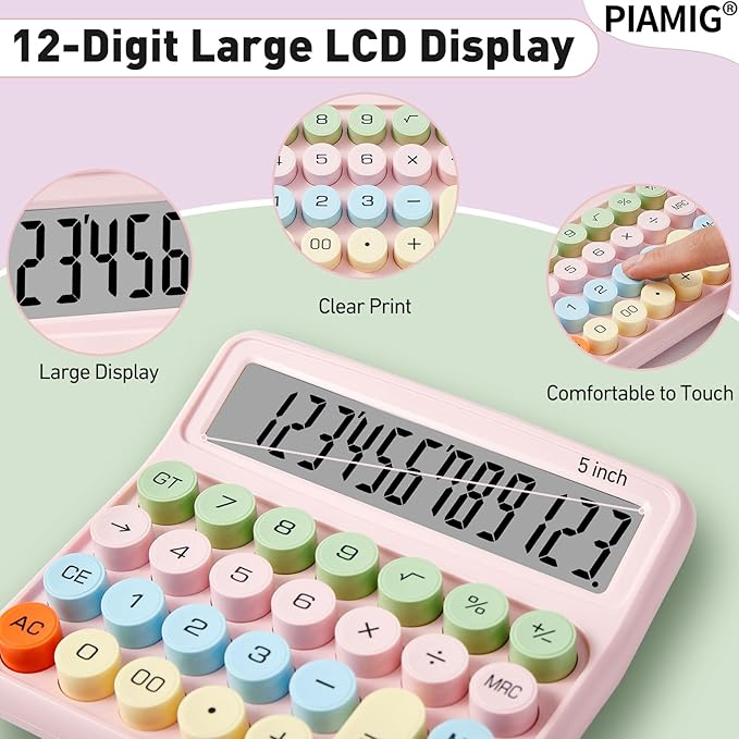 Mechanical Calculator with Large LCD Display, 12 Digits Big Button Easy to Use Auto Power Off Desktop Calculator for Home, Office & School (Pink)