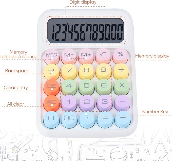 Mechanical Pushbutton Calculator,12 Digit Large LCD Display,Big Buttons Easy to Press,Colorful Candy Calculator,Automatic Sleep,with Battery.for Office,School, Home. (White)