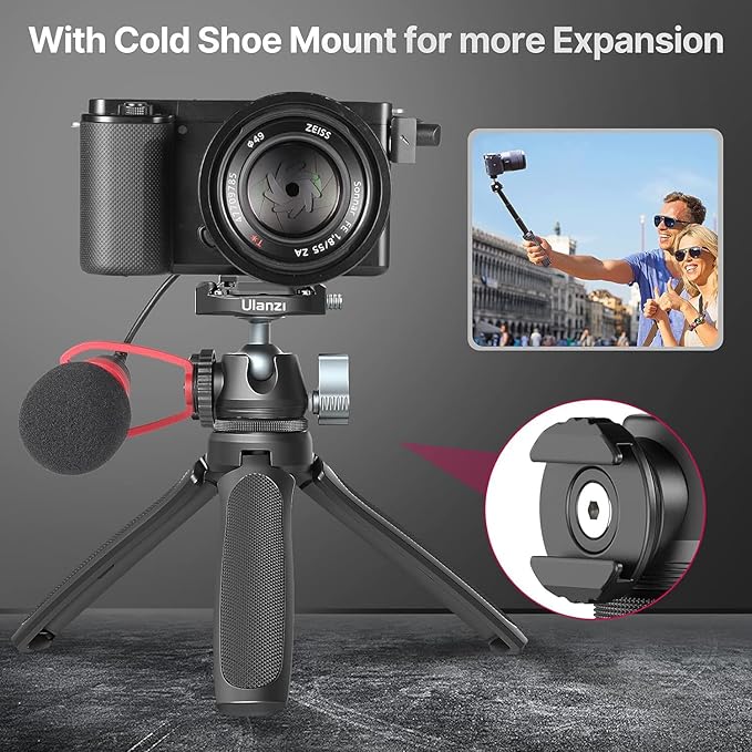 ULANZI Camera Tripod, MT-46 Aluminum Alloy Phone Tripod for Camera with F38 Quick Release Plate, 4 Levels Adjustment 360 Ball Head with Cold Shoe Lightweight Portable Vlog Travel Selfie Stick for DSLR
