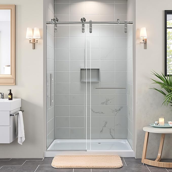 44-48" W x 76" H Frameless Shower Door Bathroom Sliding Shower Door 5/16"(8mm) Thick Tempered Glass Shower Door with Double Stainless Steel Handles for Walk-in Shower, Brushed Silver