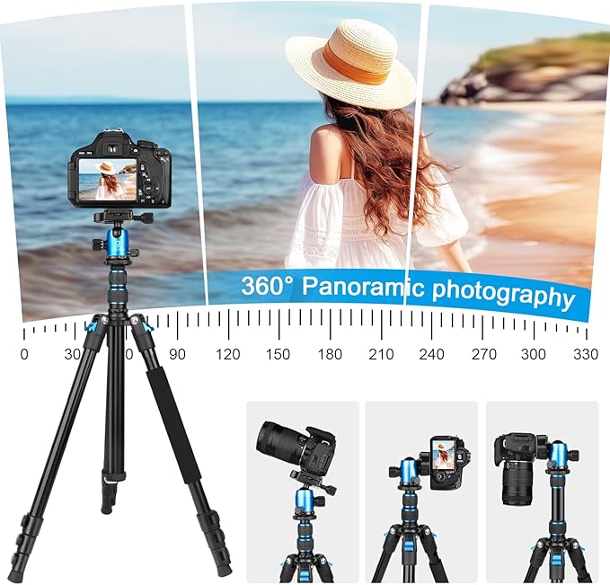 77 inch Camera Tripod Monopod for DSLR, Phone with 360° Panoramic Ball Head Detachable,2 QR Plate, Compact Foldable Aluminum Lightweight Travel Tripod, Bag Included for Camera, Phone(Blue)
