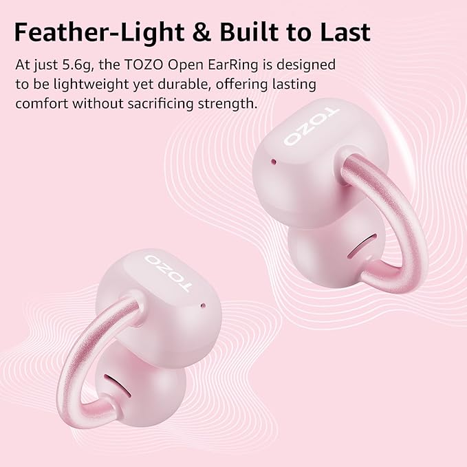 TOZO OpenEarRing True Open Ear Headphones, Lightweight Comfort Open Ear Clip Wireless Earbuds, 40H Play Bluetooth 5.4 Headphones with Smart Digital Display Design Fit Sports Running, Workout Rose Gold