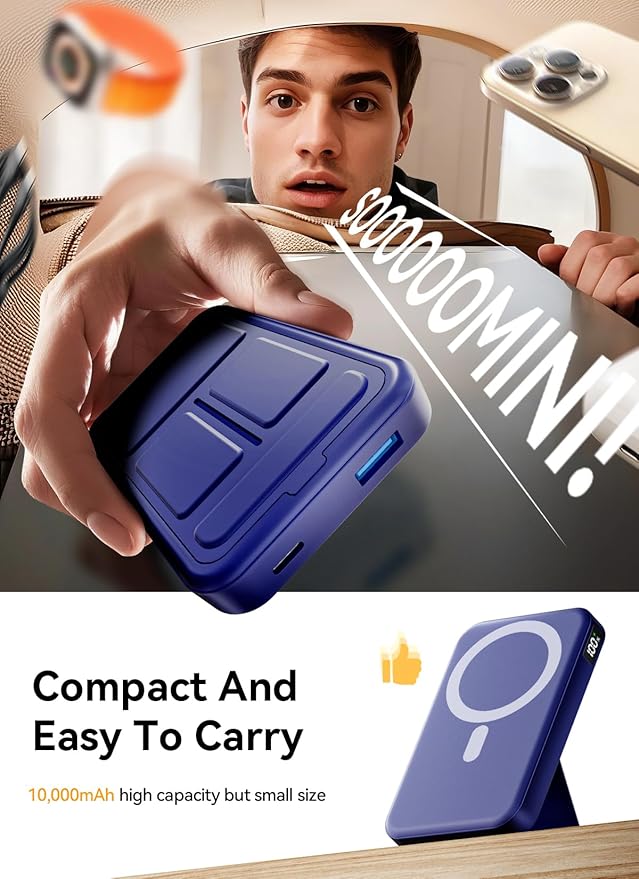 Magnetic Power Bank, 10000mAh Wireless Portable Charger with 20W USB-C Fast Charging, Foldable Stand & LED Display Battery Pack, Compatible with iPhone 16/15/14/13/12, Blue