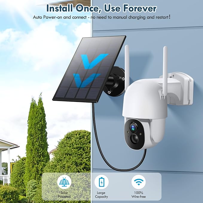 Solar Security Cameras Wireless Outdoor, 3MP 2K FHD Outdoor Camera Wireless 2.4G Wi-Fi 355° View Pan Tilt Security Cameras with AI Motion Detection, Siren (2 Pack)