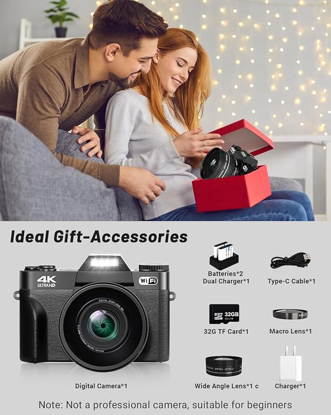 2024 Upgrade VJIANGER Digital Camera for Photography Vlogging Camera for YouTube with WiFi, 180° Flip Screen, 16X Digital Zoom, 52mm Lens, 2 Batteries, 32GB Micro SD Card(Black)