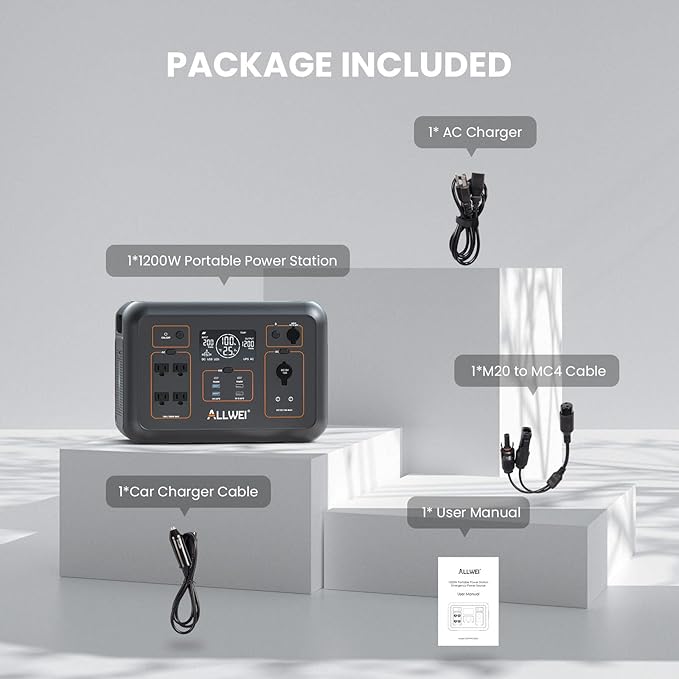 ALLWEI LiFePO4 Portable Power Station 1200W with 1 * 200W Solar Panel, Fast Charge in 1.5Hrs, 1008Wh Solar Generator(Peak 2400W), 4* AC Outlet, Home Backup Battery for Emergency RV Camping Off-grid