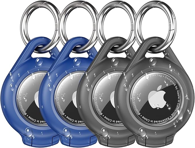 Waterproof Airtag Holder - 4 Pack Airtag Keychain Holder Compatible with Apple AirTags, Ultra Durable Anti-Scratches Protective Case with Keyring for Luggage, Backpack, Pet, Bag, Black/Blue
