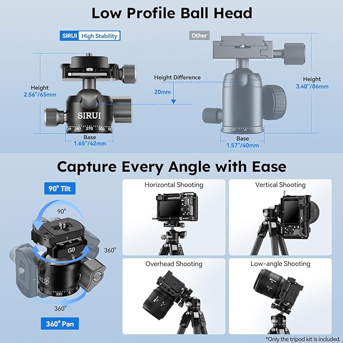 SIRUI 31.5" Compact Carbon Fiber Small Desktop Tripod with Low Profile Ball Head, Portable Lightweight Backpack Camera Tripod with Spikes for Travel Vlogging Tabletop, Macro Photography, AM-224S+G0