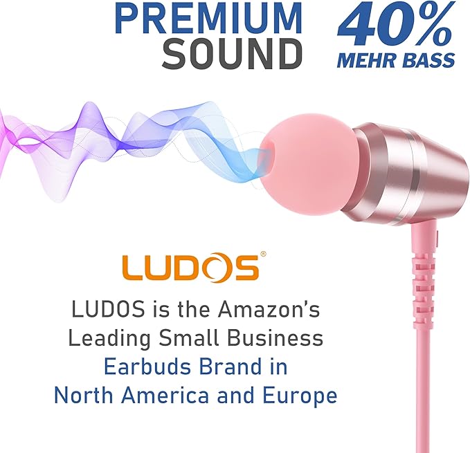 LUDOS OMNITONE Wired Earbuds in-Ear Headphones, 5 Years Warranty, Earphones with Microphone, 3.5 mm Jack Corded Ear Buds, Videoconference for iPhone, Samsung, Laptop, Kids, School Students - Pink